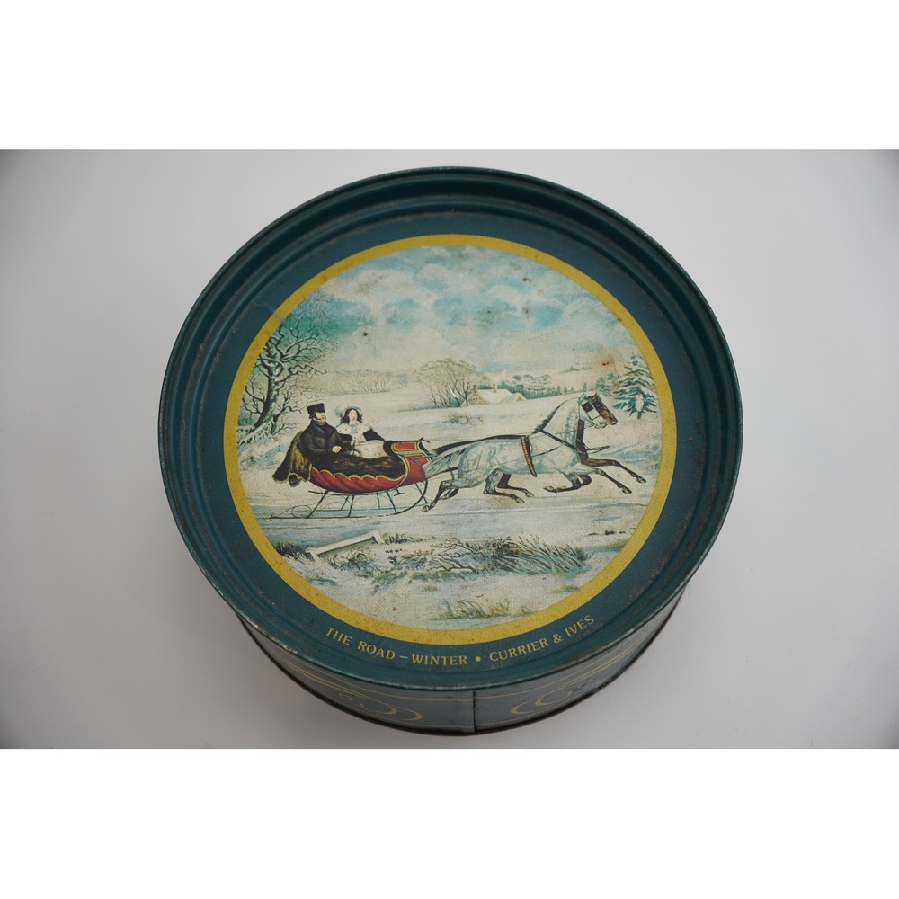 Vtg Currier & Ives Tin The Road Winter Horse Drawn Sleigh Snow Christmas